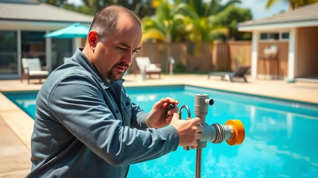 Certified pool technician measures and fits a pool heater to a large backyard pool for correct pool heater installation Sydney