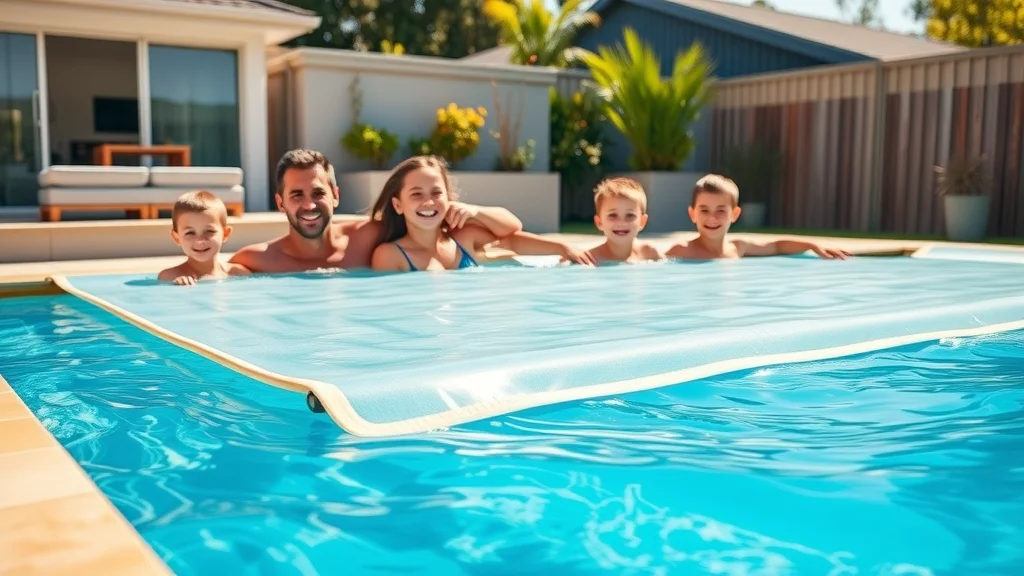 Family enjoys warm Sydney pool protected by solar pool cover, contributing to year round heat retention and extended swimming season