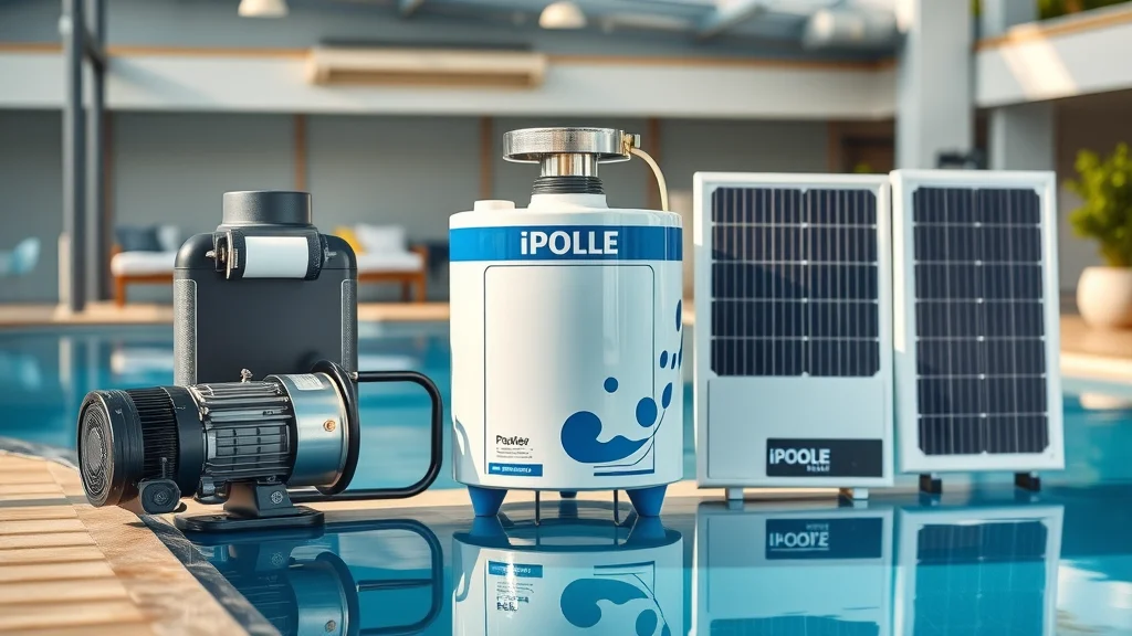 Three pool heater types (heat pump, gas heater, solar panels) side by side in a modern Sydney pool showroom for pool heater installation Sydney comparison
